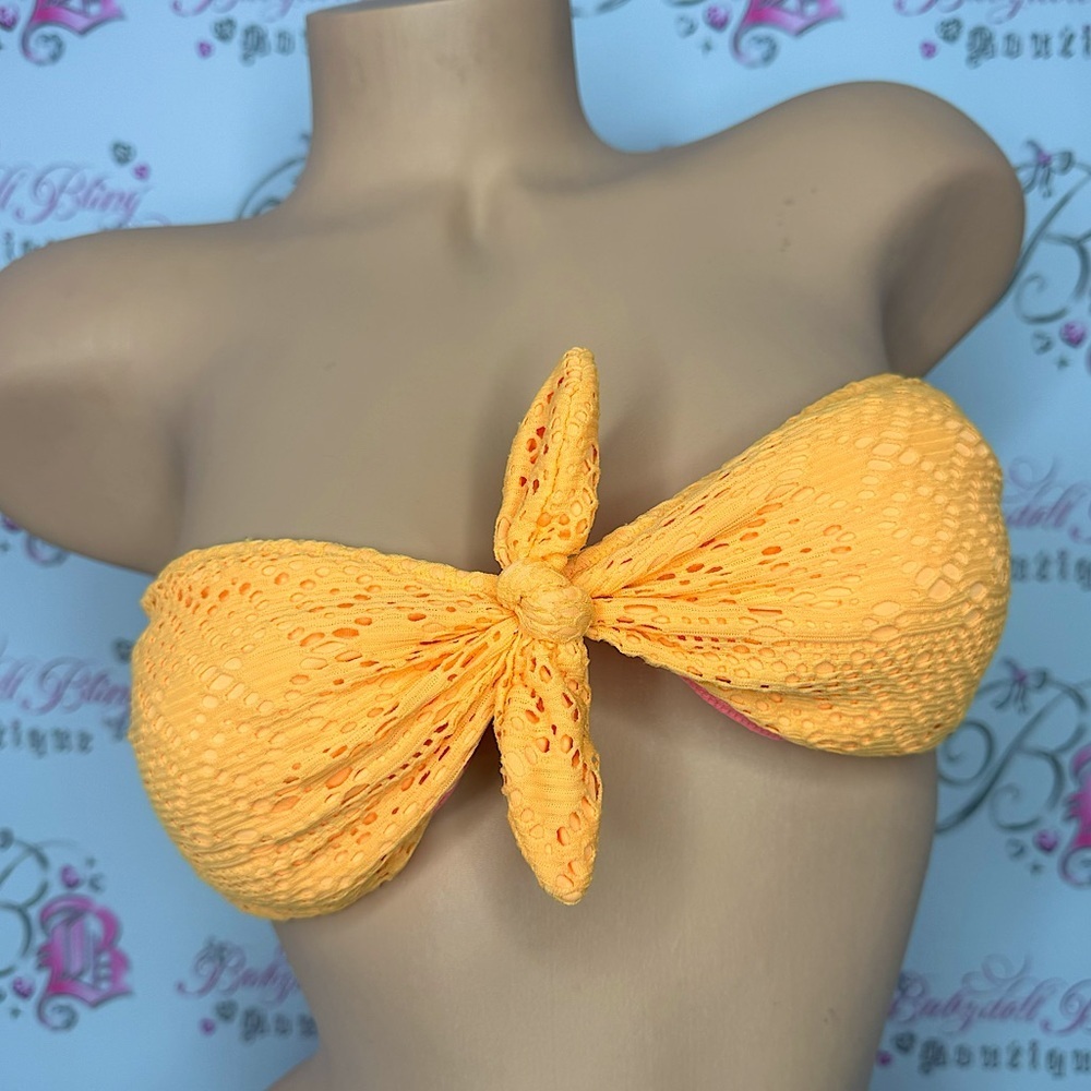 Victoria secret bikini top neon orange crochet style bow ribbon accent front